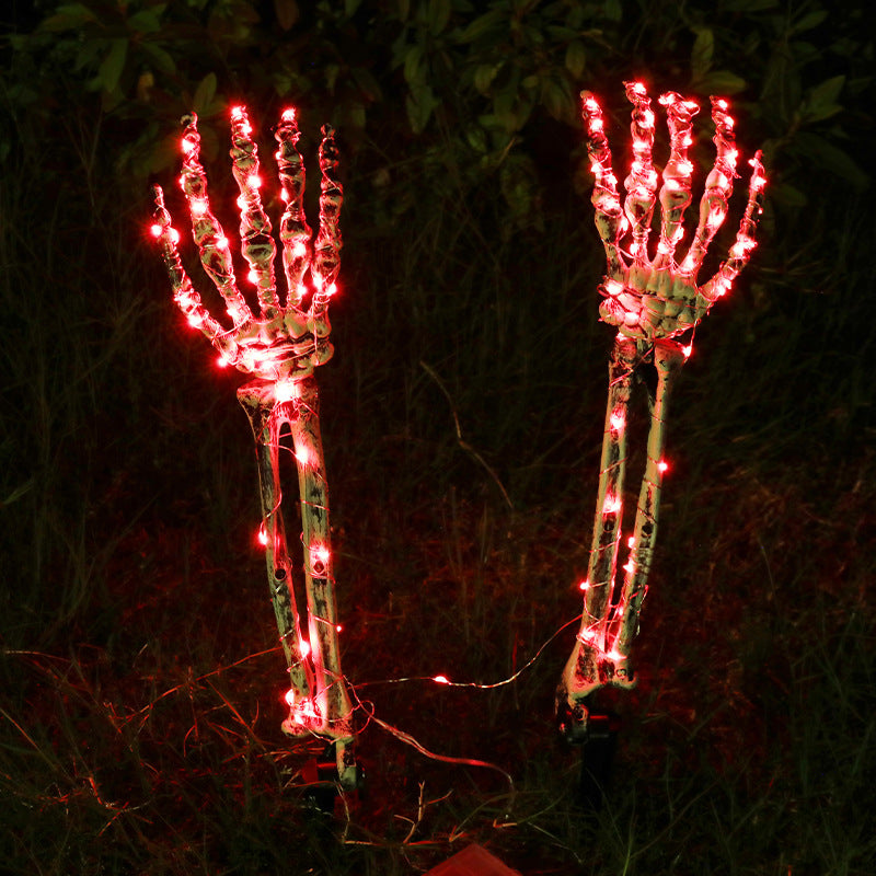Red Left And Right Hand Halloween LED skeleton hand yard stakes glowing in dark garden