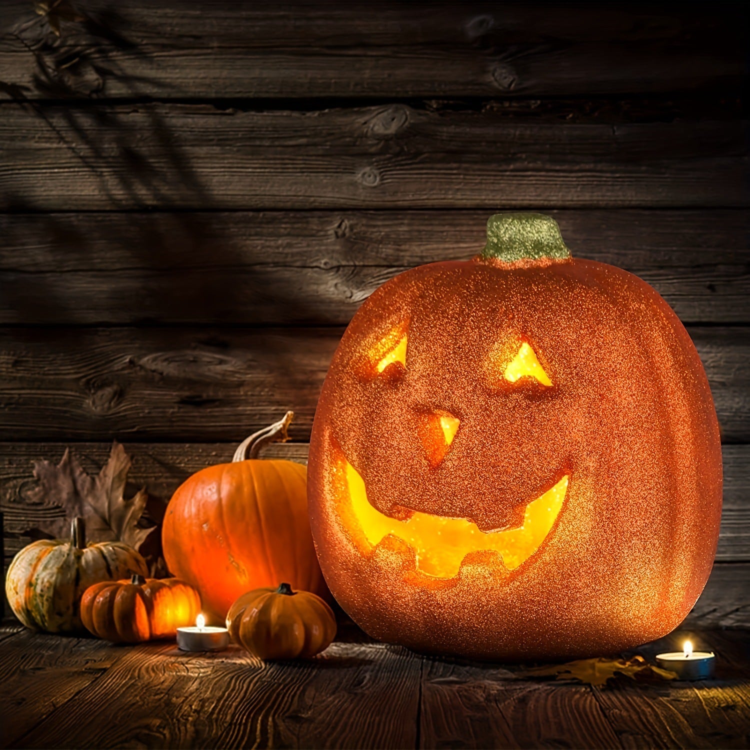 Light-up jack-o-lantern pumpkin decoration glowing on rustic wooden table