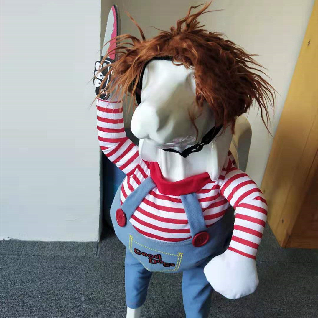 Halloween Chucky-style pet costume displayed on dog mannequin showing striped shirt, denim overalls, and orange wig