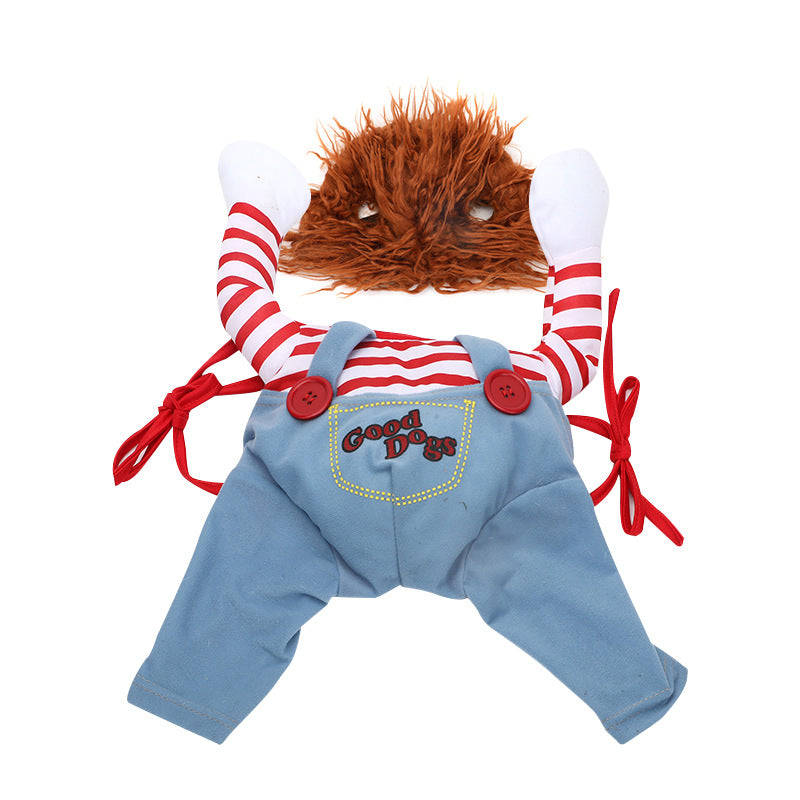 Funny Halloween pet costume laid flat showing striped shirt, denim overalls, and orange wig