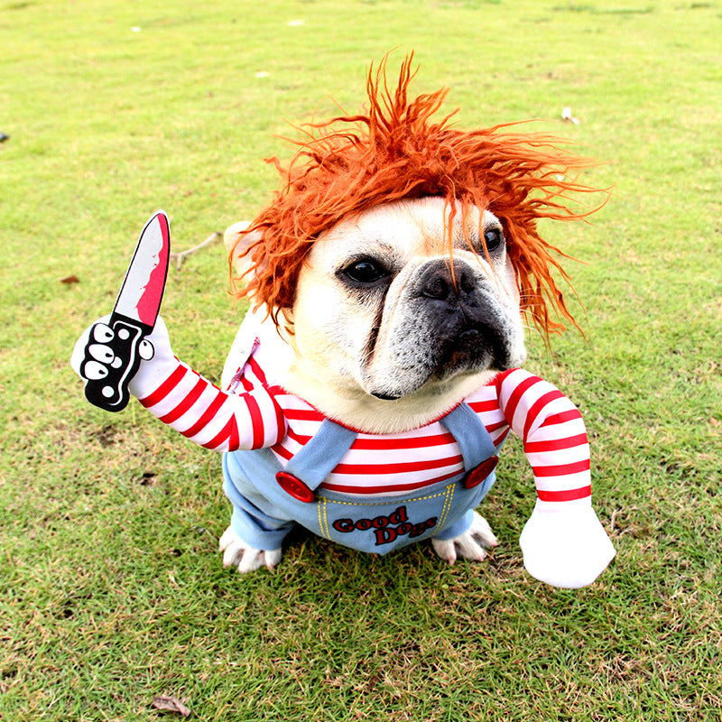 Bulldog wearing Halloween Chucky-style pet costume with orange wig, close-up outdoors on grass with toy knife prop