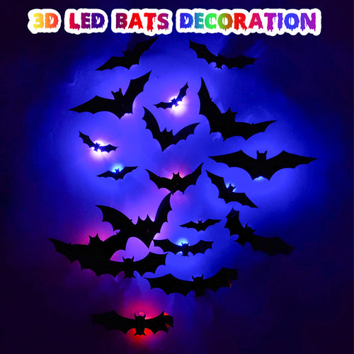 3D LED bat wall decals glowing purple on wall for Halloween decor