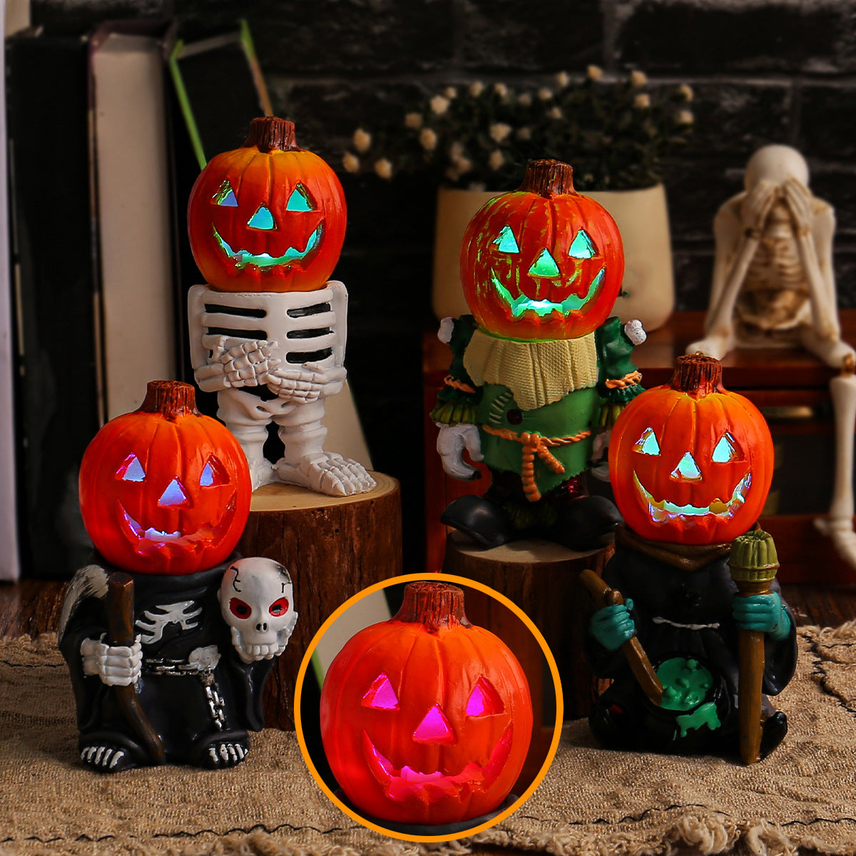 Light-up pumpkin knight Halloween desktop decorations with skeleton figures