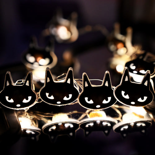Black cat LED string lights glowing warm white for Halloween decor