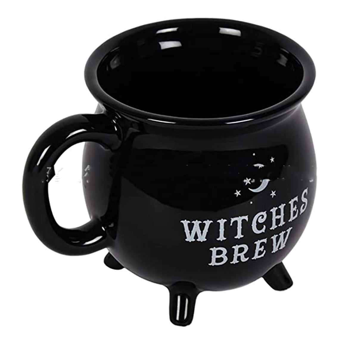 Black cauldron-shaped ceramic Halloween mug with Witches Brew text, moon and stars design, and tiny cauldron feet